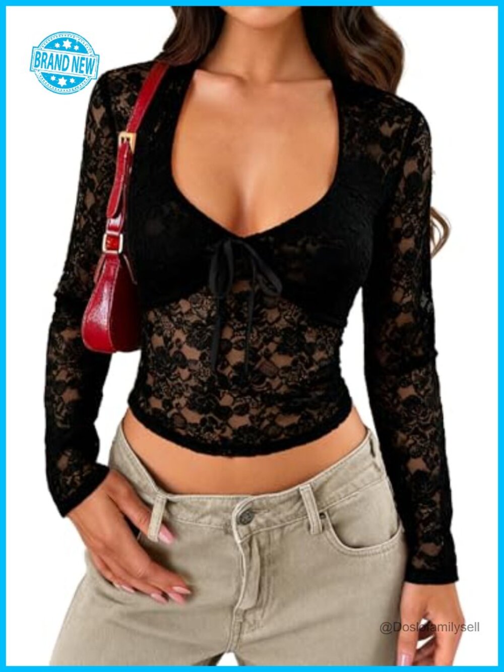 Women's Long Sleeve Sheer Floral Lace V-Neck Slim Fitted Blouse